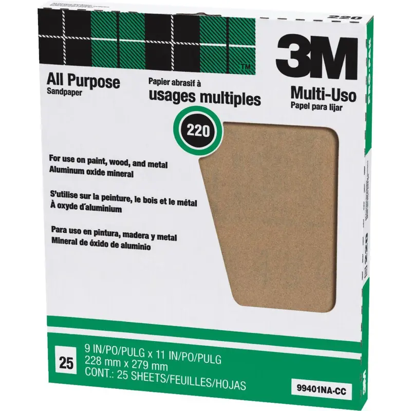 3M All-Purpose Very Fine Sandpaper, 220 Grit – 9 In X 11 In (25-Pack) 1