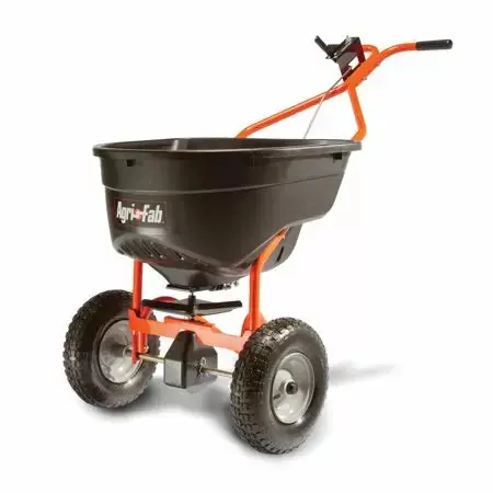 Agri-Fab 130-Pound Push Broadcast Spreader – Smart Dispensing, Black/Orange Design 1