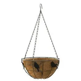 Black Steel Hanging Plant Basket With Bird Motif – 14-Inch Round Design 1