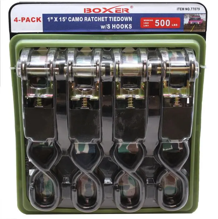 Boxer Tool Camo Ratchet Tie-Down Set – 4 Pieces With S-Hooks 1