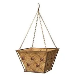 Brushed Bronze Regency-Style Hanging Basket With Coconut Fiber Liner, 14" Square 1