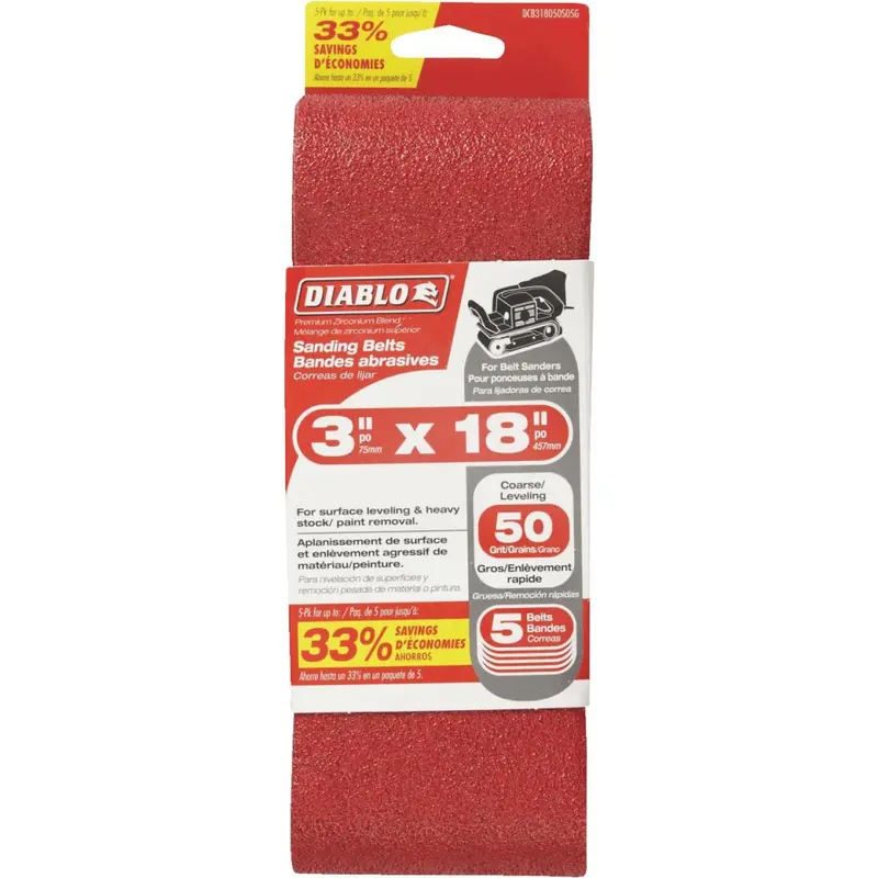 Diablo 3" X 18" General-Purpose Sanding Belt – 50 Grit (5-Pack) 1