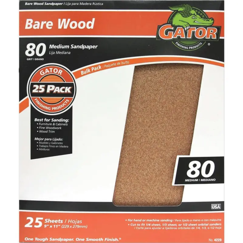 Gator Bare Wood Sandpaper – 9X11 Inch, 80-Grit Medium, 25-Pack 1