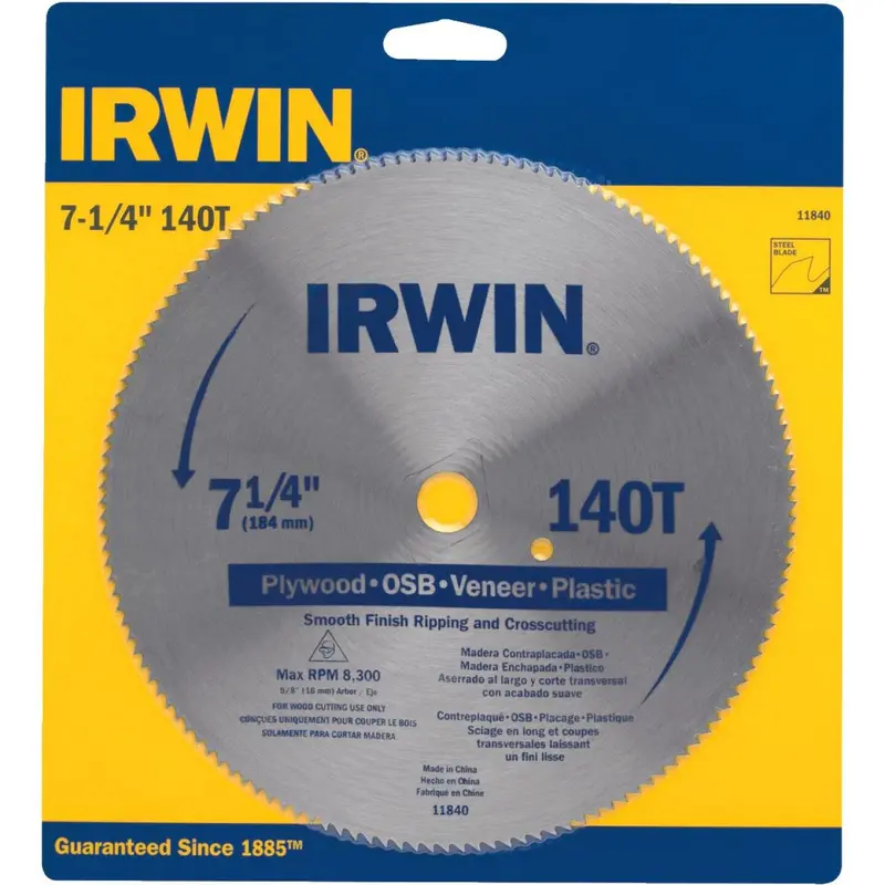 Irwin 7-1/4" 140-Tooth Smooth-Cut Circular Saw Blade For Ripping And Crosscutting 1