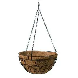 Romantic-Style Black Steel Hanging Basket With Coco Liner, 14" Diameter 1