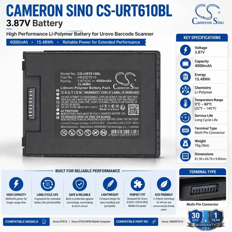 3.87V Li-Polymer 4000Mah Barcode Scanner Battery For Urovo Hb40Dt610 Dt610 Rfid Mobile Computer – 15.5Wh 1
