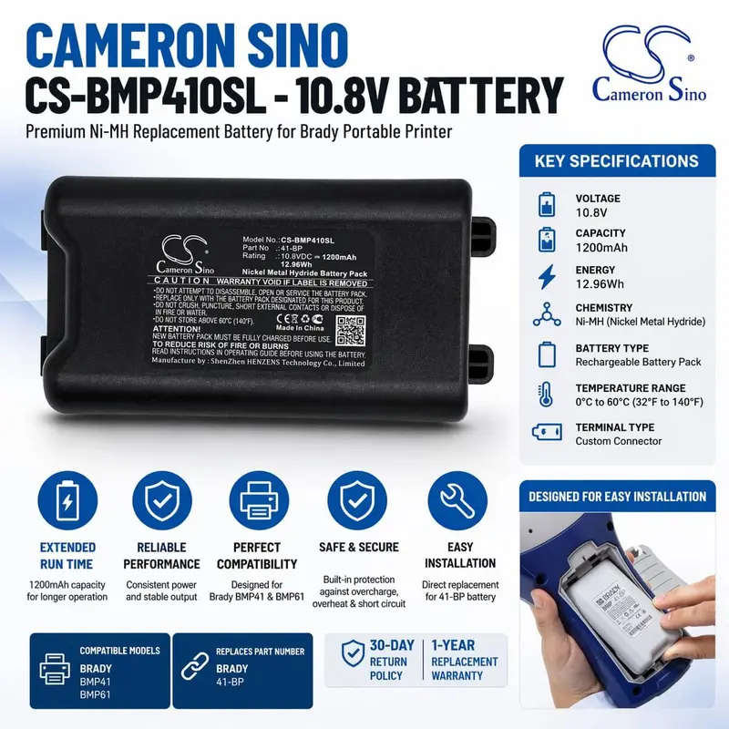 Cameron Sino Cs-Bmp410Sl – 10.8V 1200Mah Ni-Mh Replacement For Brady Bmp41 & Bmp61 1