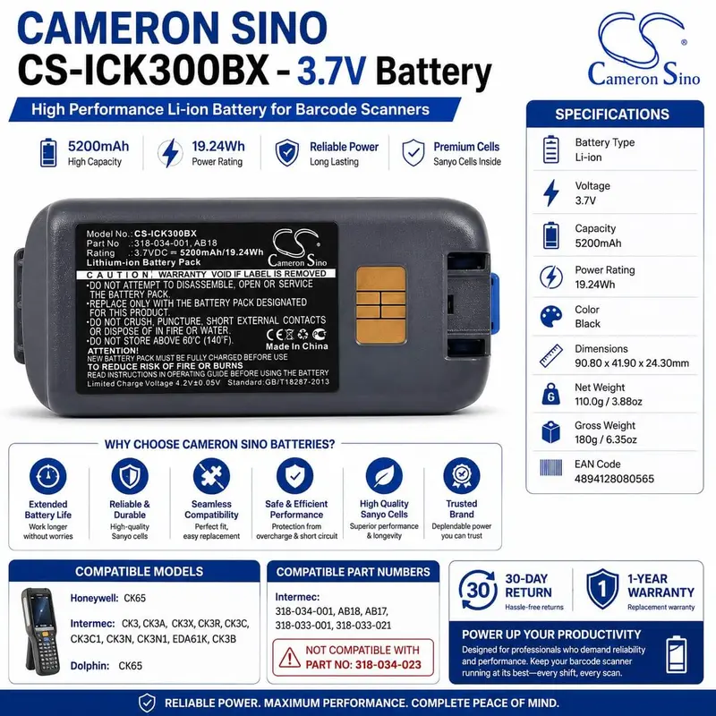 Intermec Ck3/Ck3A/Ck3X Barcode Scanner Replacement Battery – 3.7V, 5200Mah Li-Ion (19.24Wh) 1