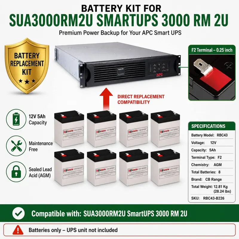 Rbc43 Agm Battery Kit (12V 5Ah × 8) For Apc Smart-Ups Sua3000Rm2U 1