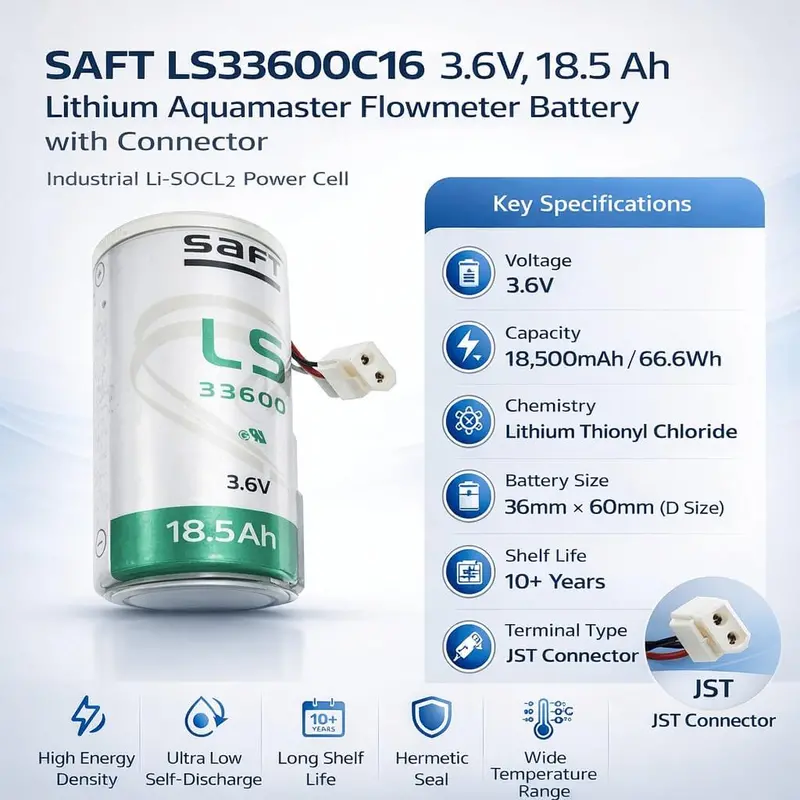 Saft Ls33600C16 3.6V 18.5Ah Lithium Battery With Connector For Aquamaster Flowmeters 1